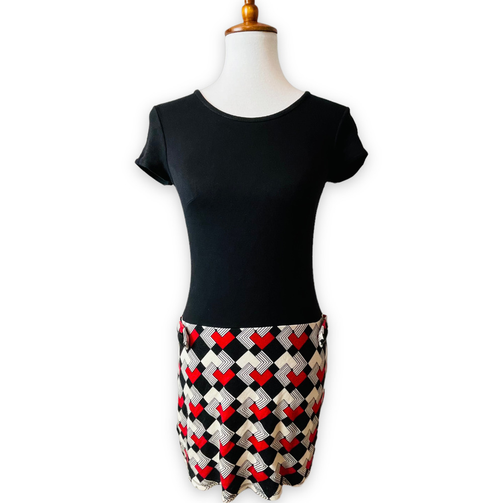 Loft women's black red white geometric print drop waist shift dress size 0P